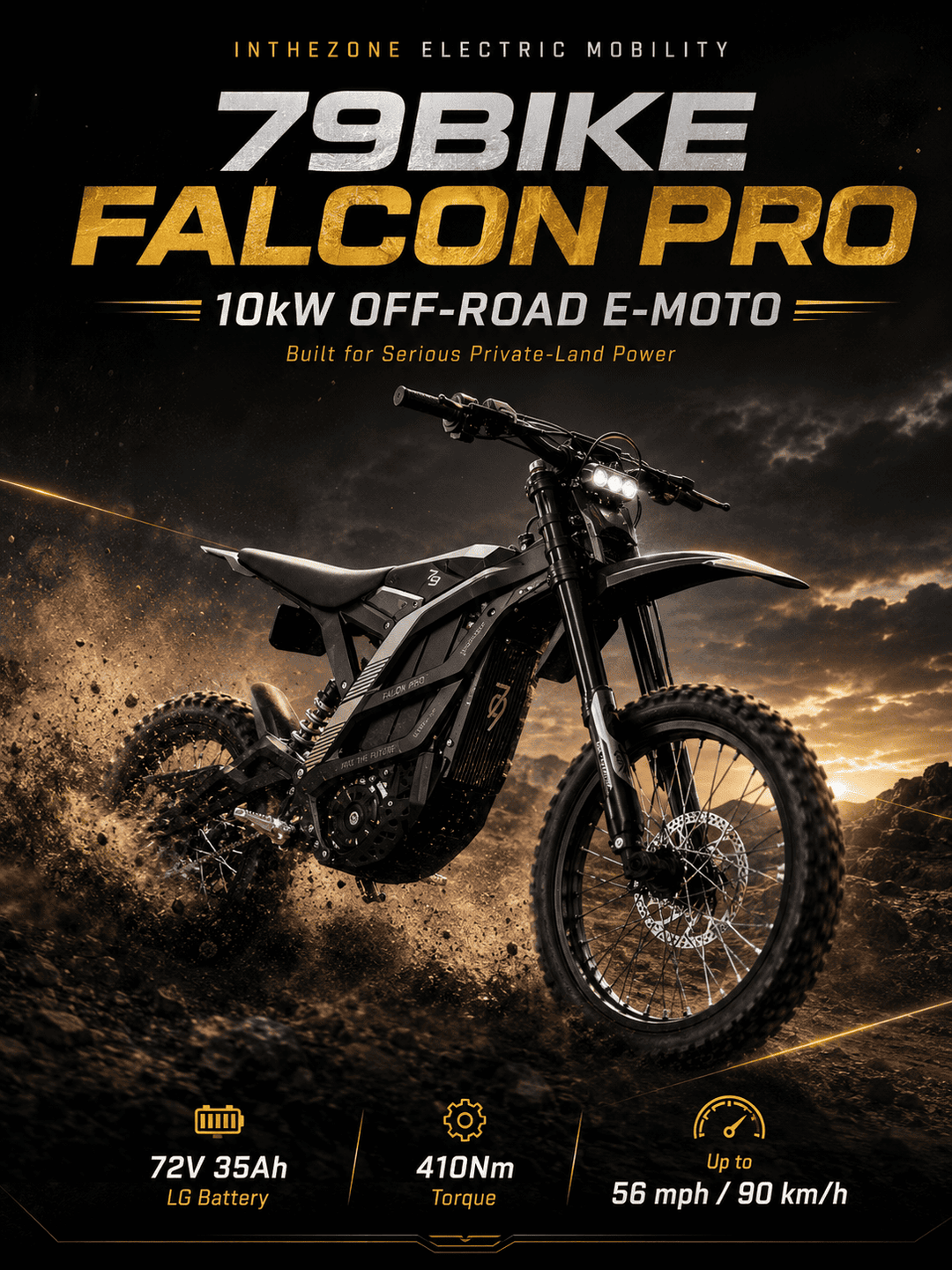 Falcon Pro electric dirt bike showcasing its off-road capabilities and powerful features including 10kW motor.