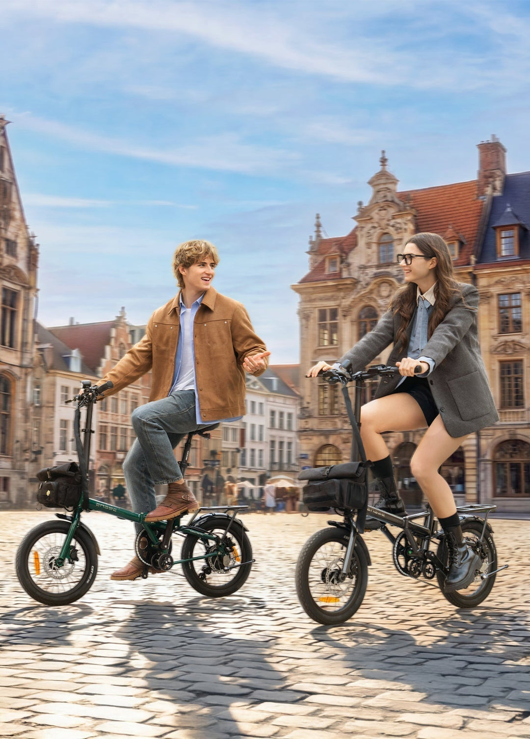 Young adults enjoying the ENGWE Zip Electric Bike in a cobblestone square in Europe.