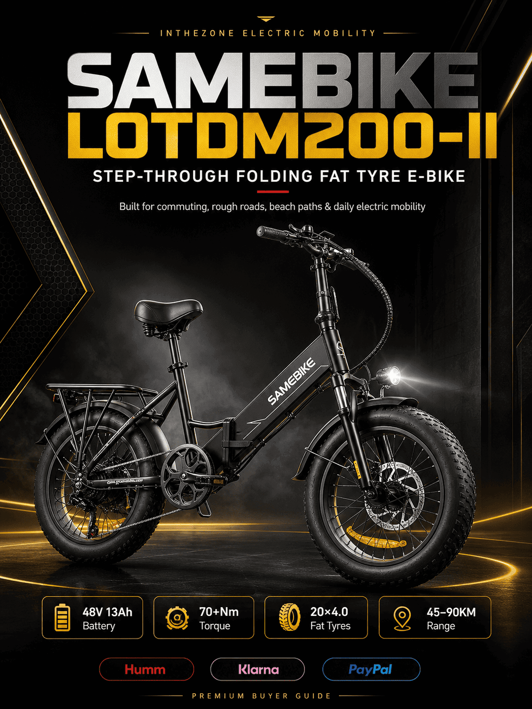 SAMEBIKE LOTDM200-II folding e-bike guide showcasing the step-through fat tyre design and electric mobility features.