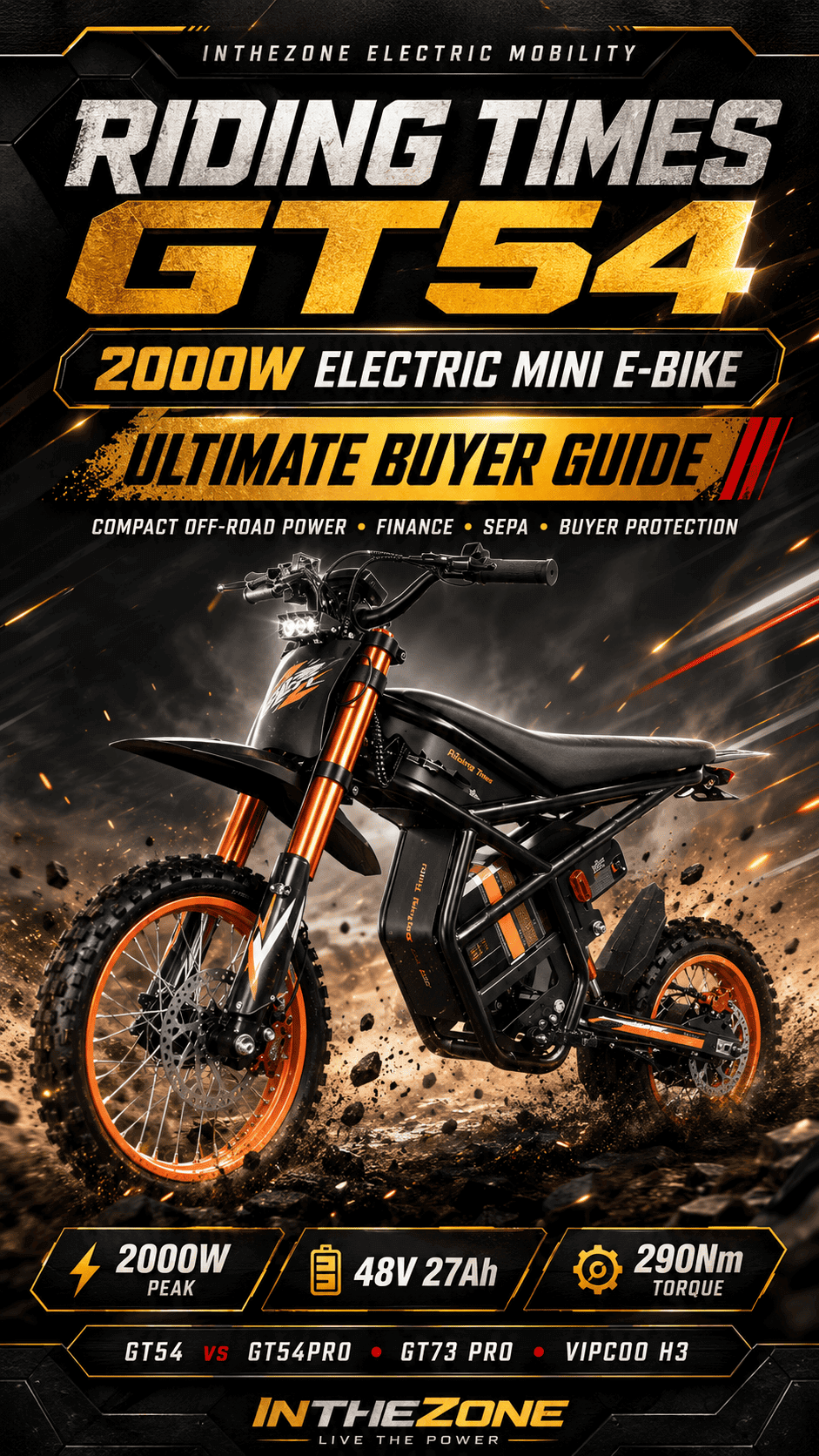 Compact electric mini e-bike Riding Times GT54 2000W with off-road capabilities and buyer guide.