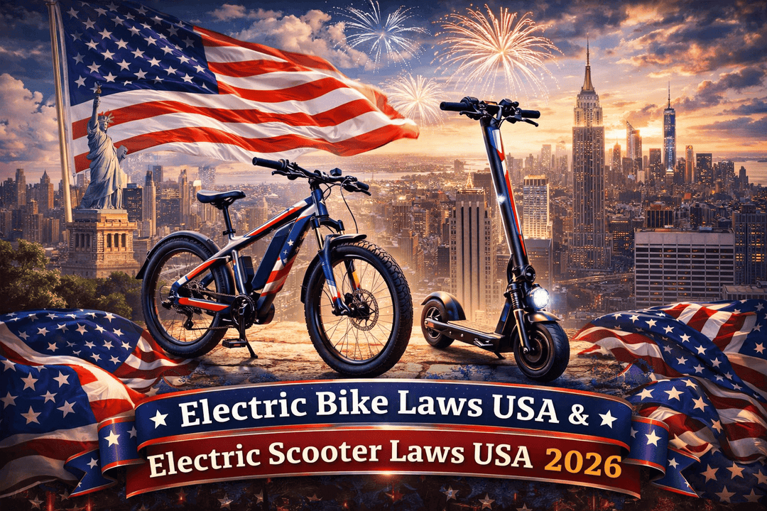 Electric bike and scooter laws USA 2026 with bikes and scooters against a backdrop of fireworks and the city skyline.
