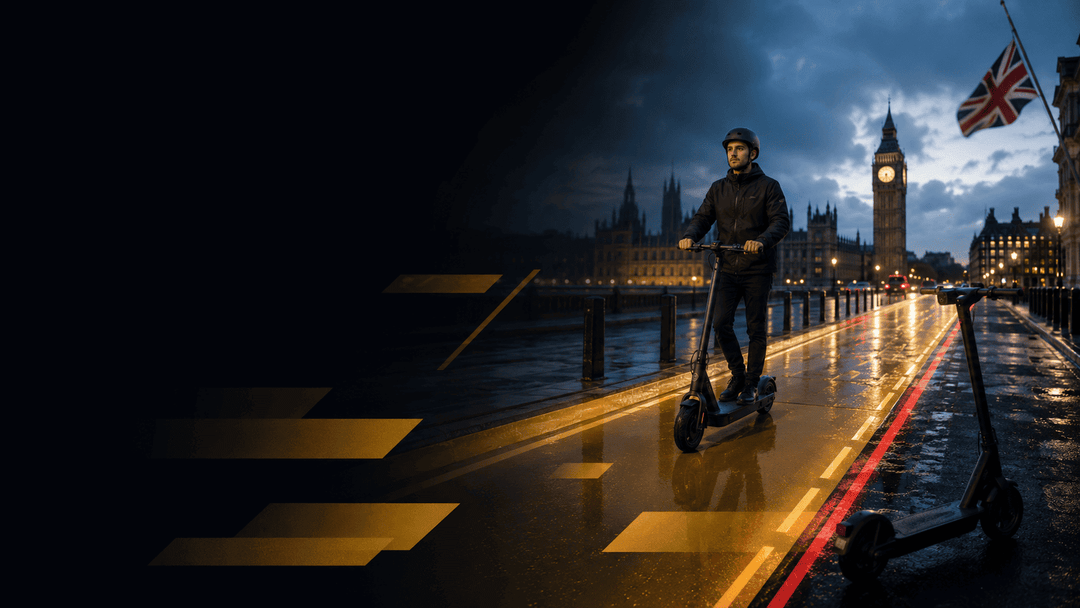 Person riding an e-scooter in the UK, showcasing urban transportation and UK e-scooter regulations 2026.