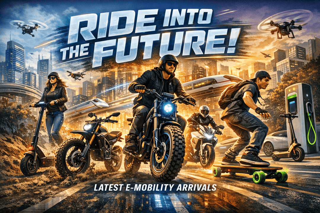 new electric bikes and scooters Ireland and europe showcased in futuristic urban setting.