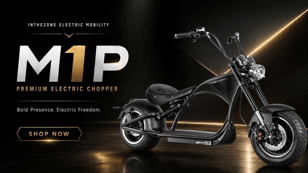 electric chopper motorcycle ireland M1P premium electric chopper from IntheZone Electric Mobility, bold black cruiser