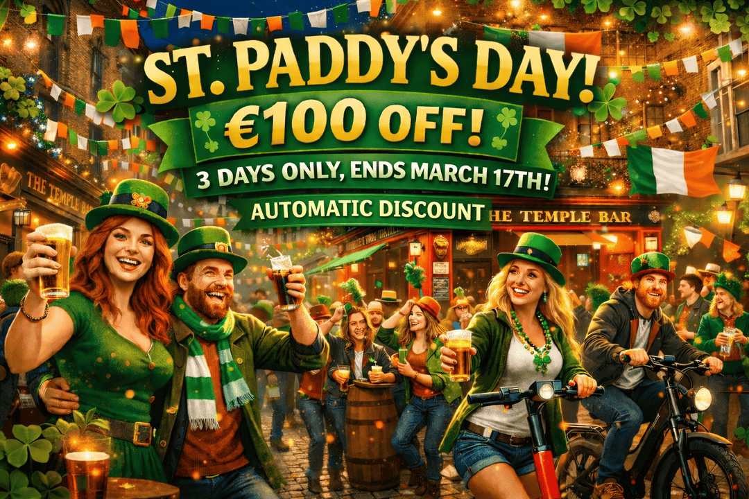 St. Paddy's Day celebration with discounts, featuring festive people enjoying Paddy's Day electric mobility.