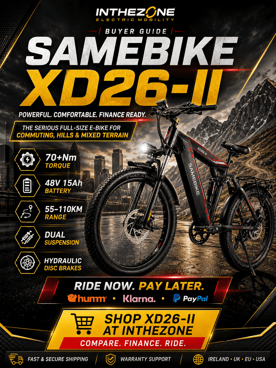SAMEBIKE XD26-II electric bike guide featuring features, specifications, and comparison details.