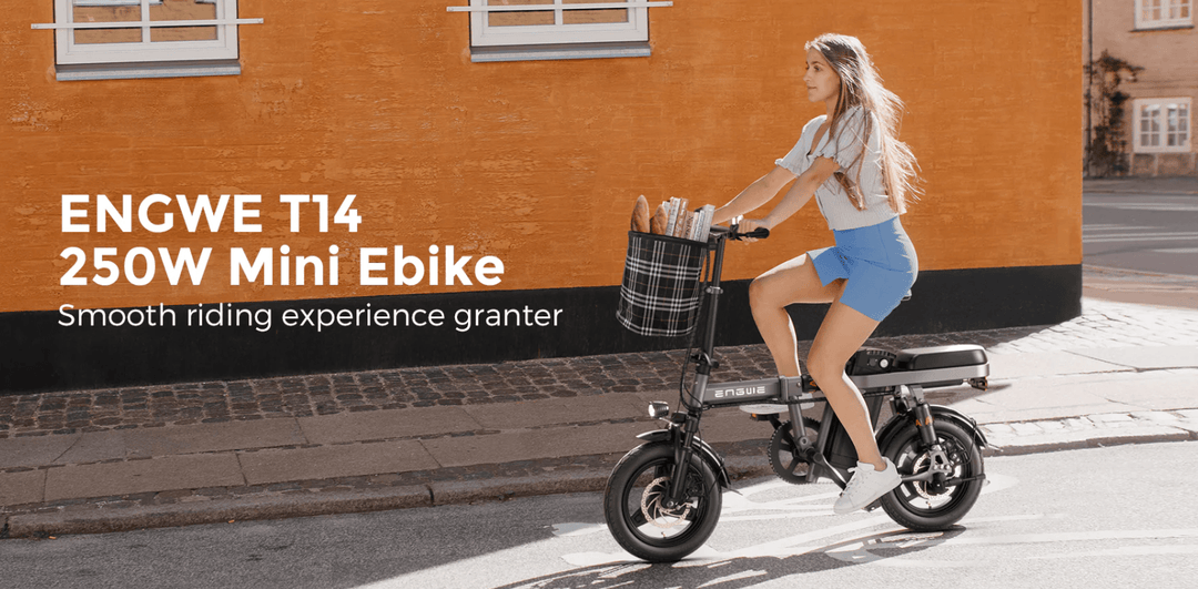 ENGWE T14 electric bike guide featuring a woman riding a compact mini ebike with a basket.