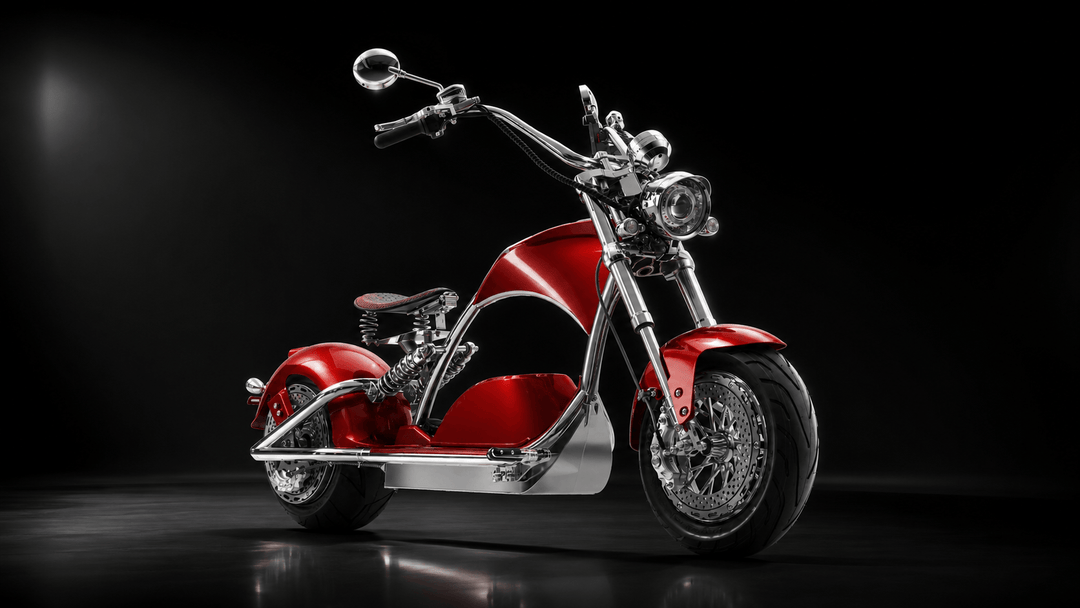 EAHORA 4000W electric chopper motorcycle in vibrant red with sleek chrome accents on a dark background.