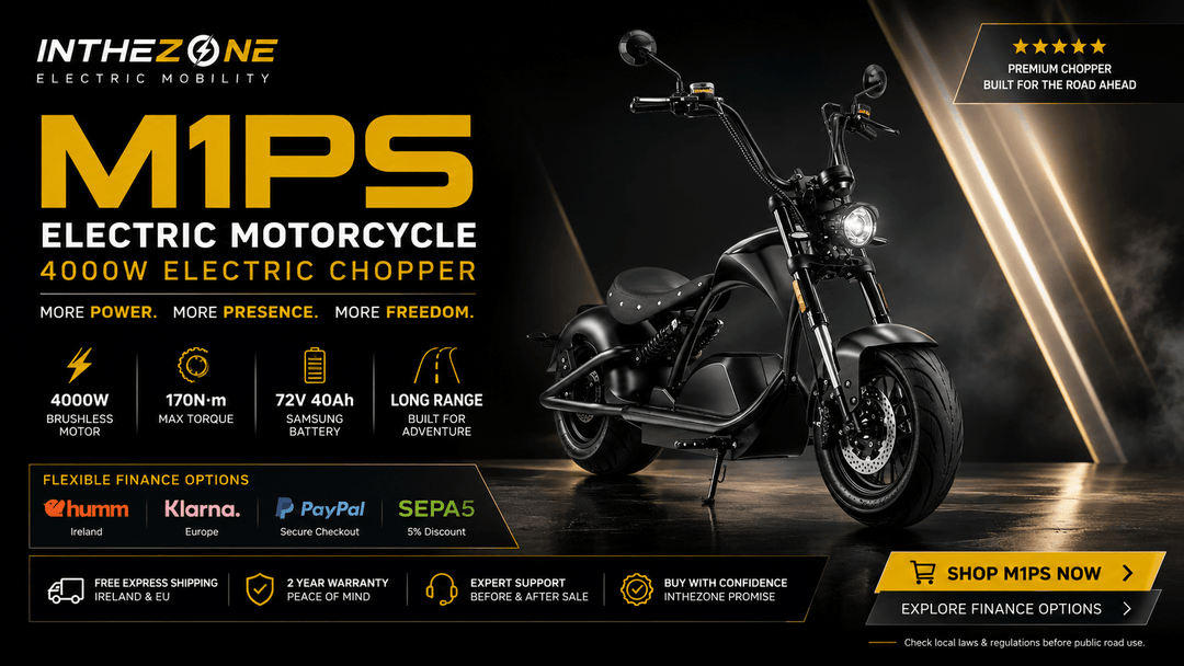 Electric motorcycle buying guide featuring the INTHEZONE M1PS electric motorcycle with 4000W motor and sleek black design