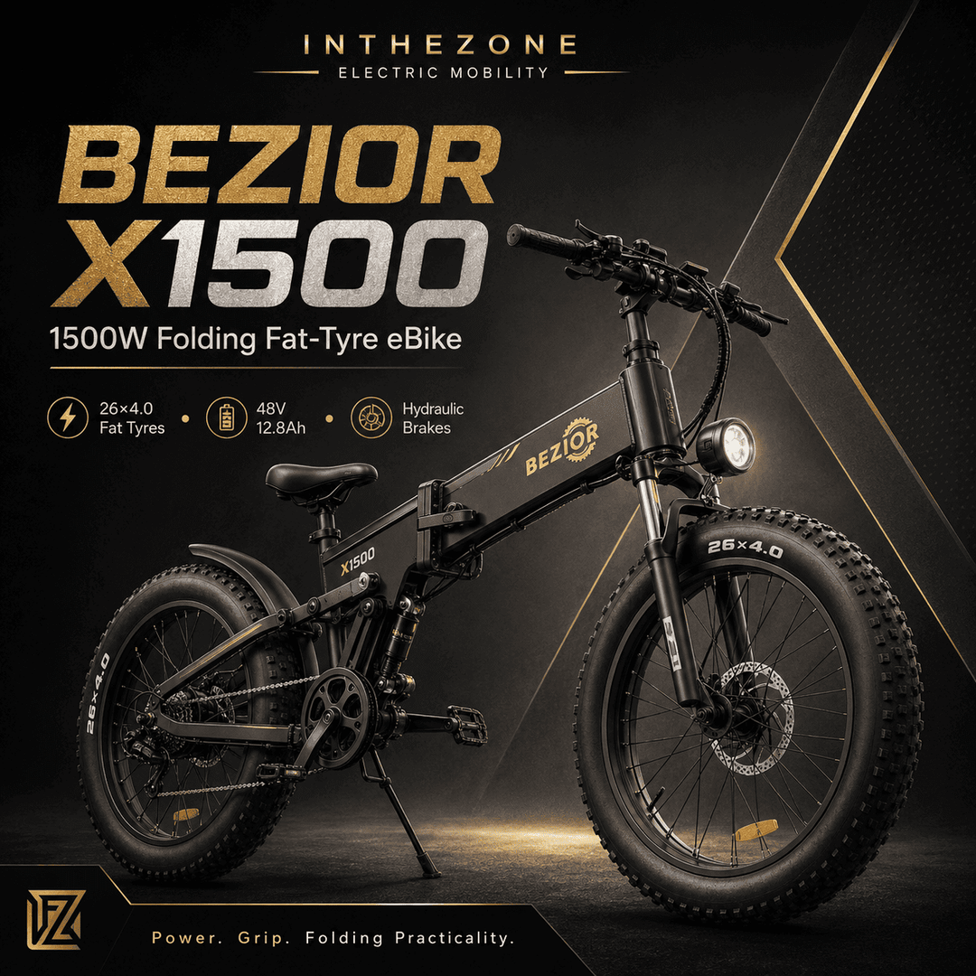BEZIOR X1500 electric bike review showcasing the 1500W Folding Fat-Tyre eBike with key features.