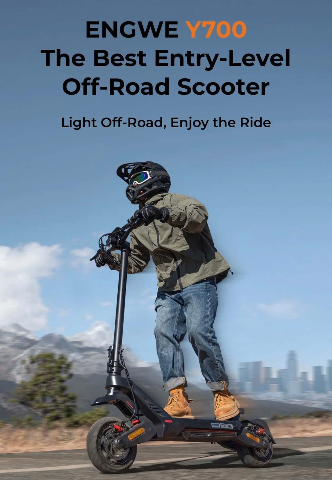 ENGWE Y700 electric scooter review featuring a rider on an off-road trail.