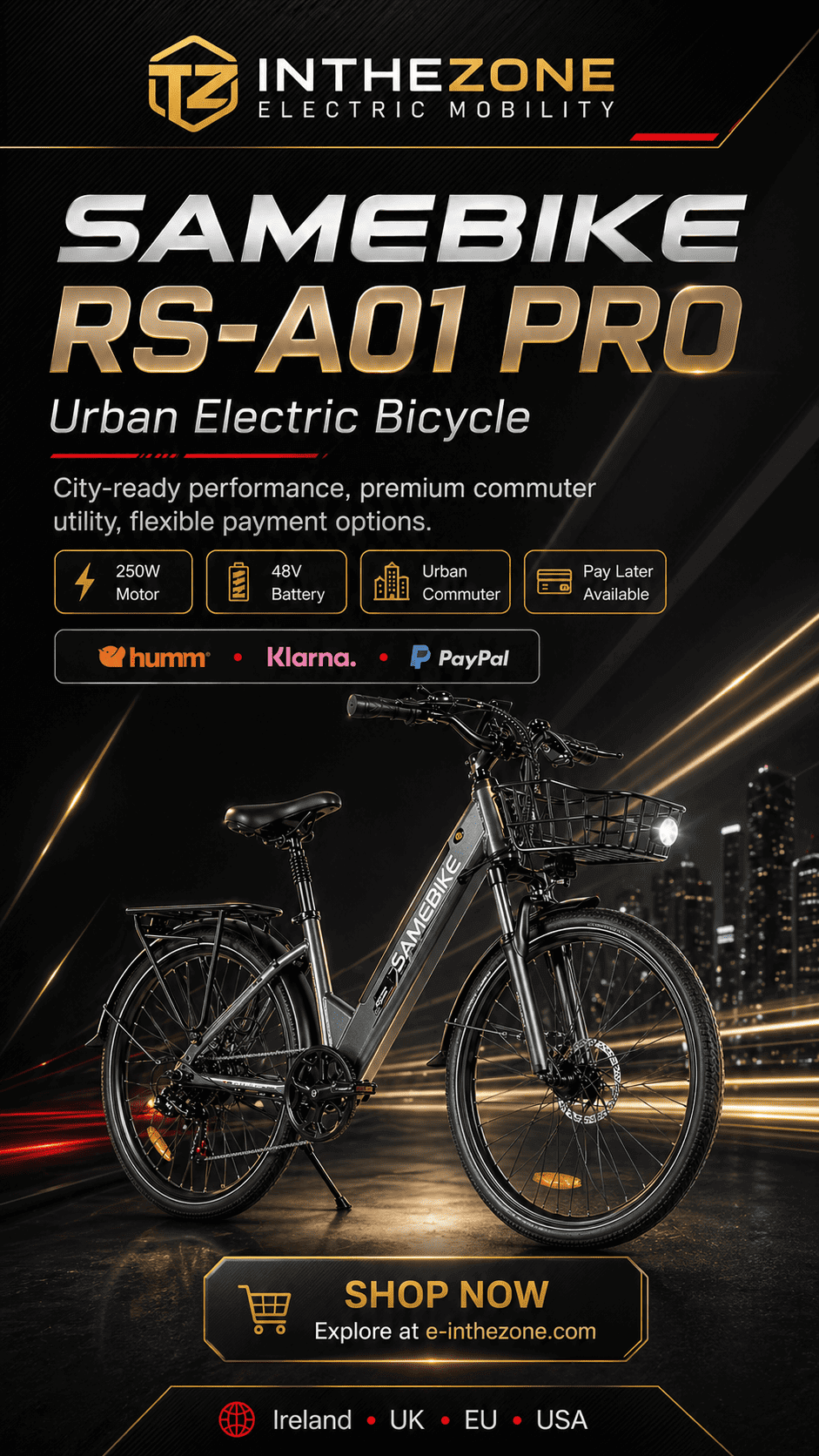 SAMEBIKE RS-A01 Pro-T Urban E-Bike shown in a night city setting with promotional details.