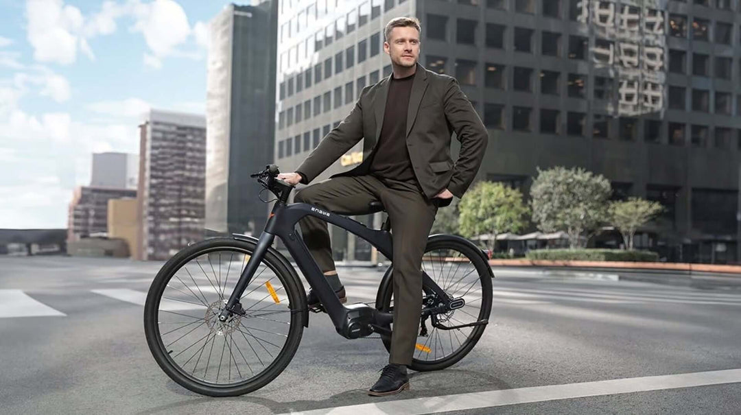 ENGWE MapFour N1 Pro commuter review showing a man in business attire on an electric bike.