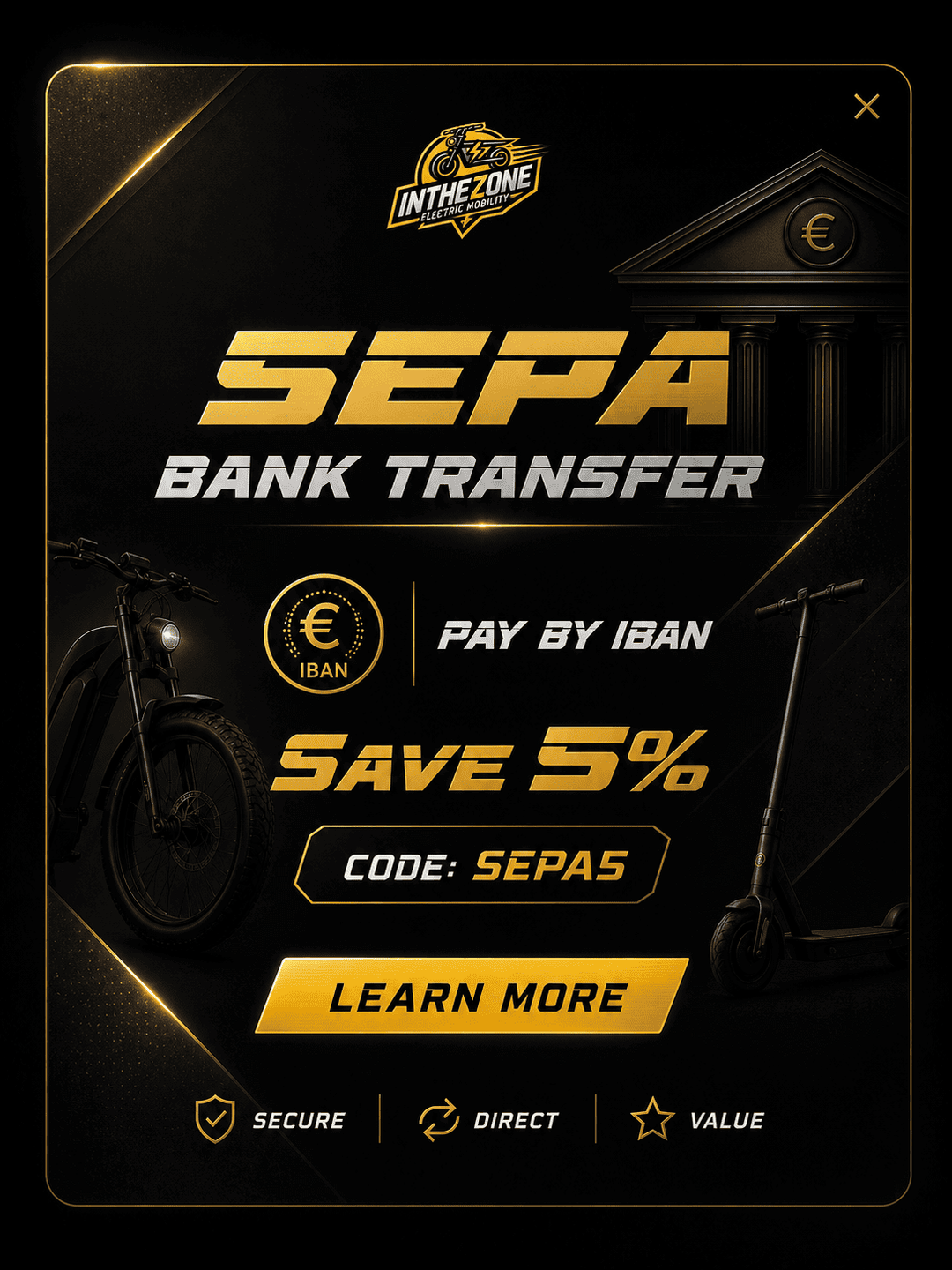 SEPA bank transfer discount promotion with 5% savings and payment options like IBAN.