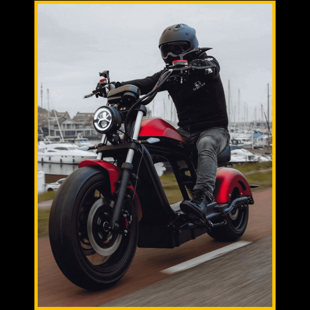 INTHEZONE Road Street-legal Electric Scooter Motorcycles cruising on a scenic road.
