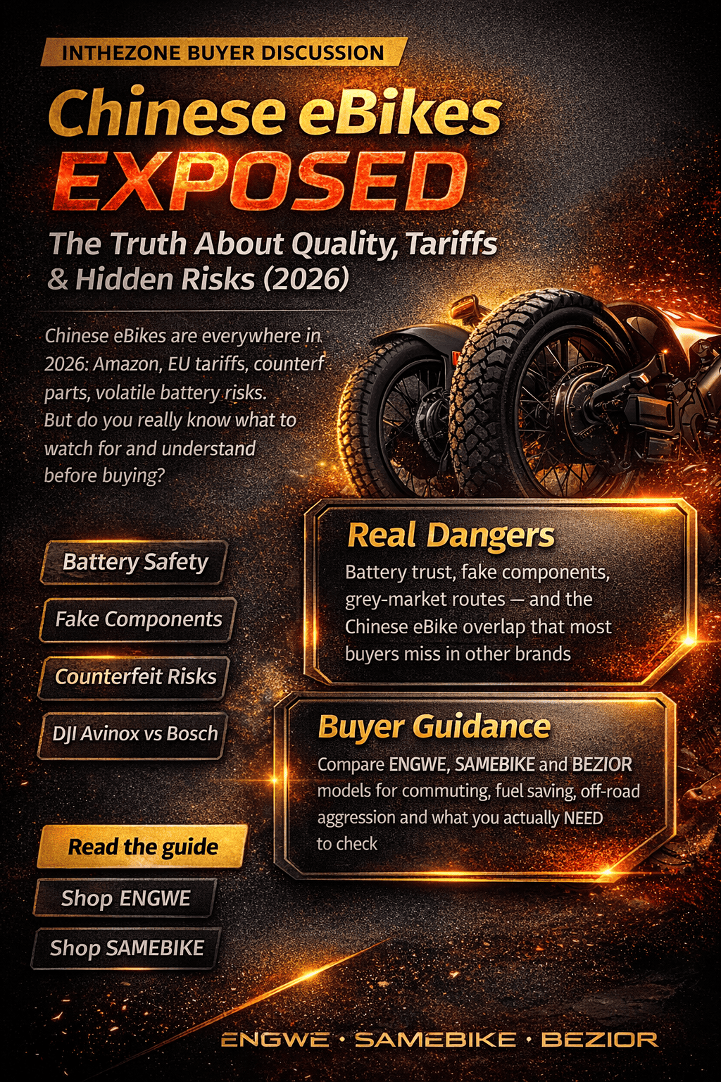 Chinese eBikes EXPOSED The Truth About Quality, Tariffs & Hidden Risks 2026 infographic on buyer guidance and dangers.