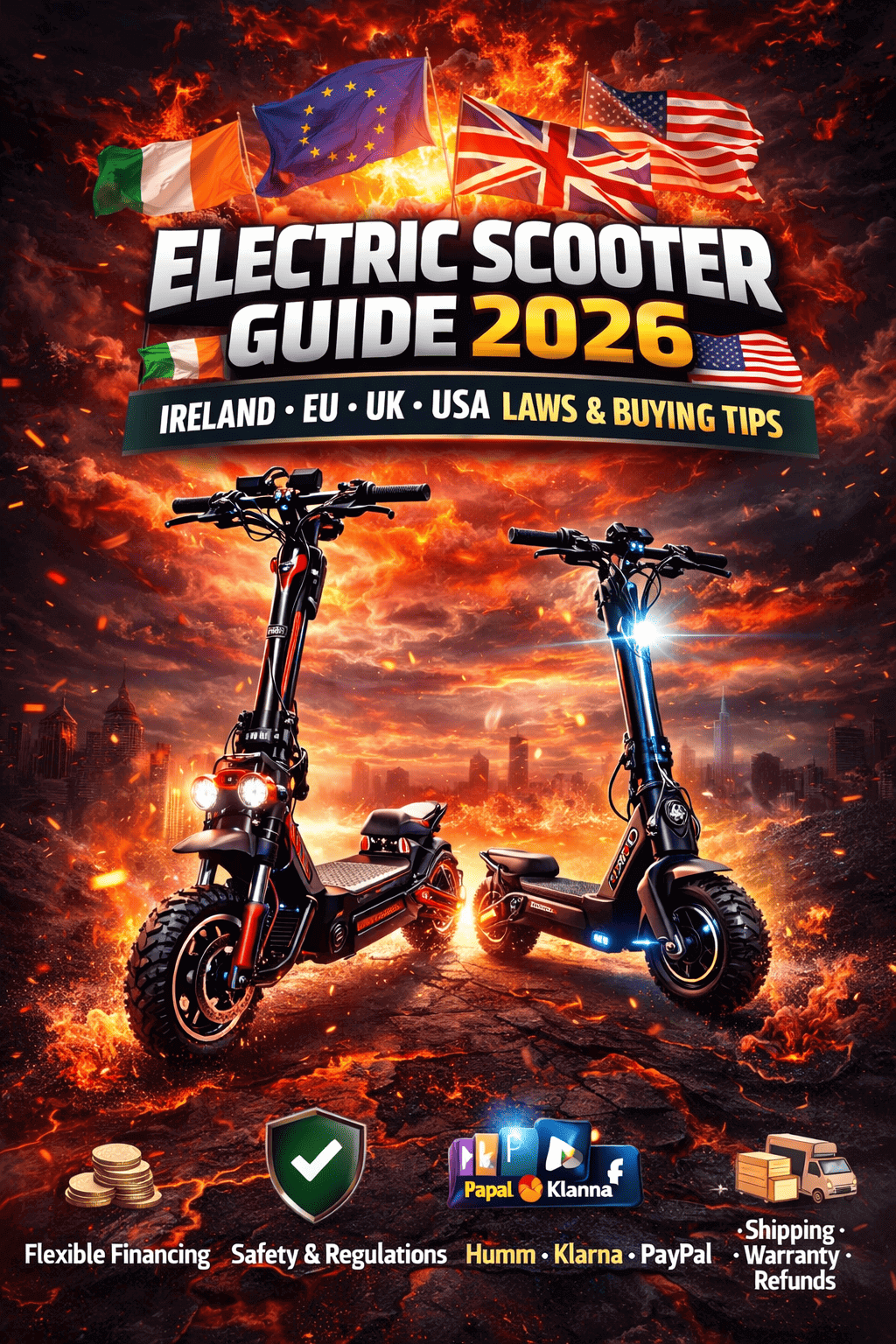 Complete electric scooter guide 2026 with electric scooters and country flags in a dynamic and vibrant design.