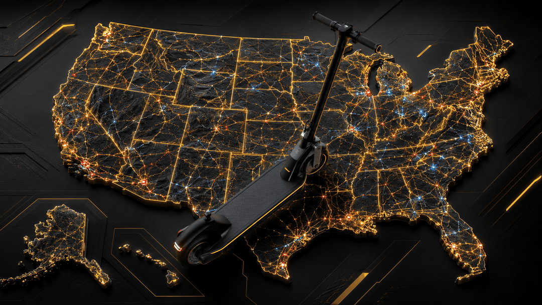 Electric scooter laws USA 2026 illustrated on a map with an electric scooter.