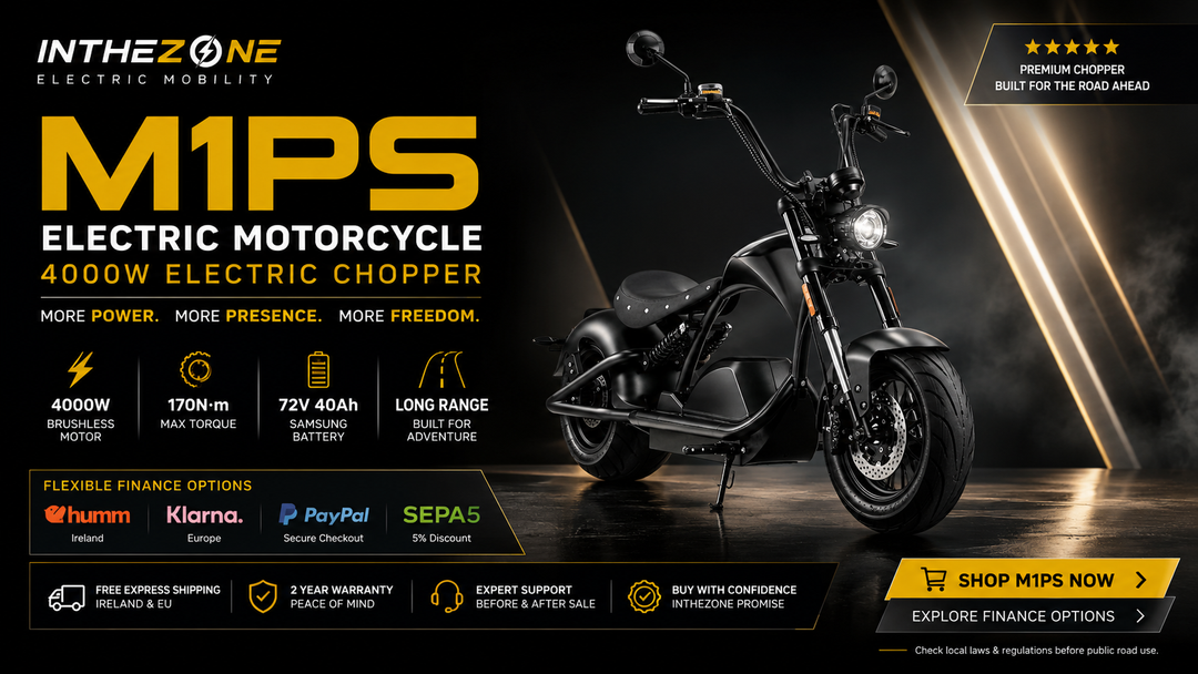 Electric motorcycle buying guide featuring the INTHEZONE M1PS electric motorcycle with 4000W motor and sleek black design