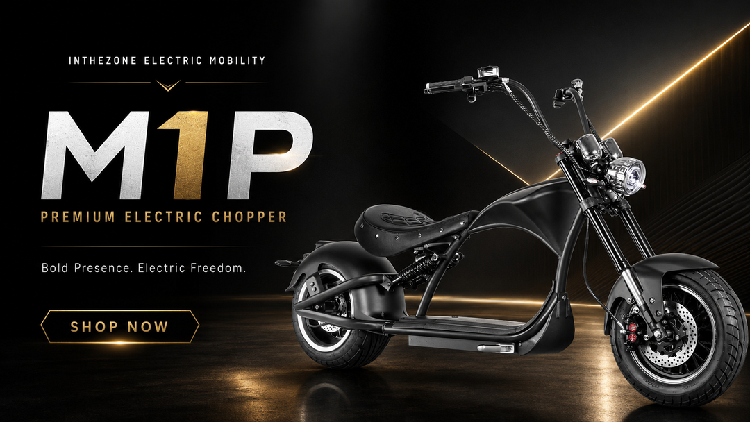 electric chopper motorcycle ireland M1P premium electric chopper from IntheZone Electric Mobility, bold black cruiser