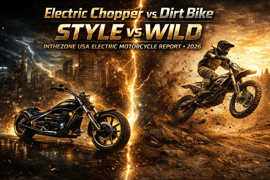 Electric chopper motorcycle vs dirt bike comparison 2026 image showcasing style vs wild.