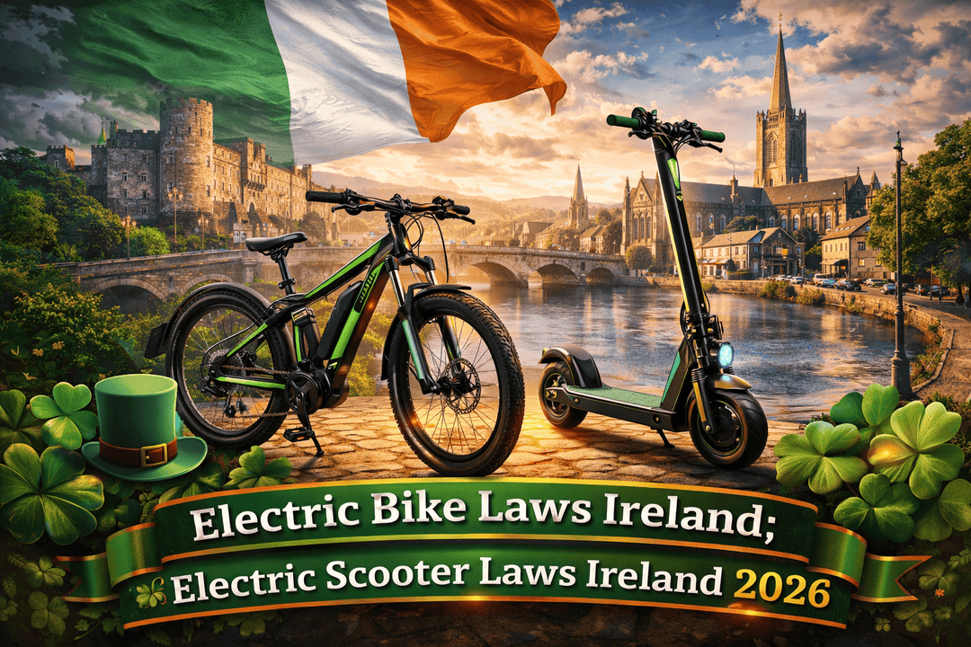 Electric bike and scooter laws Ireland 2026 with landscape view and Irish flag in the background.