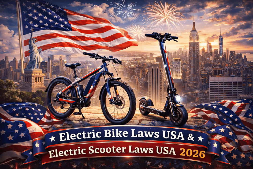 Electric bike scooter laws USA 2026 with bicycles and scooters against a festive city backdrop.