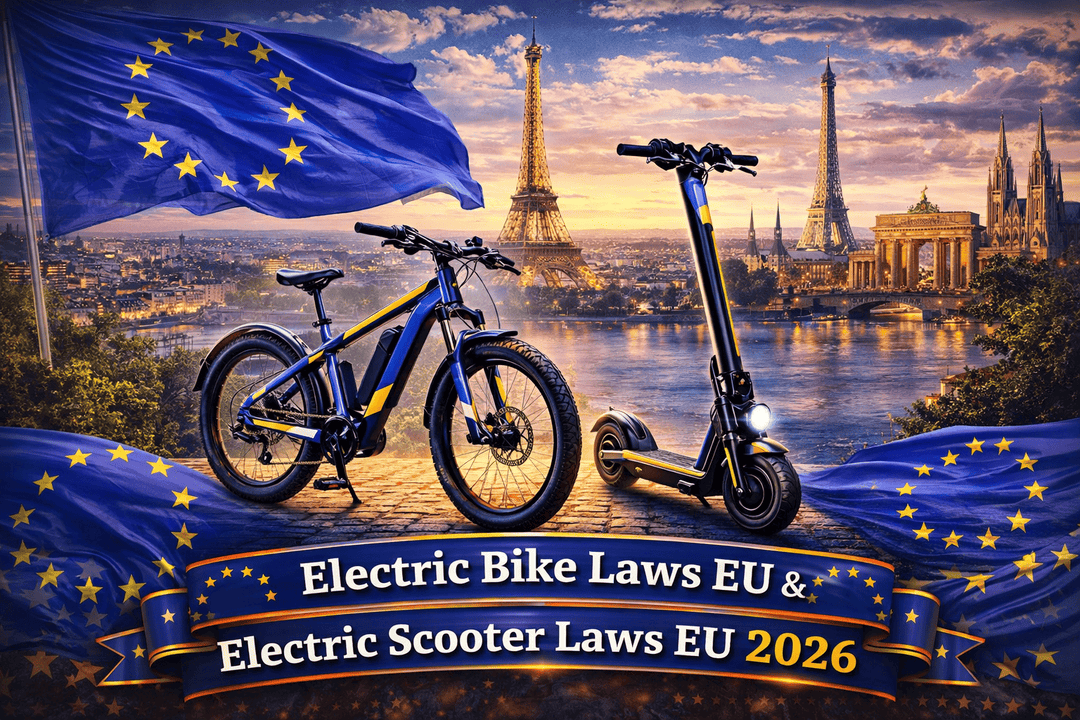 Electric bike scooter laws EU 2026 with e-bike and scooter in front of European landmarks and flags.