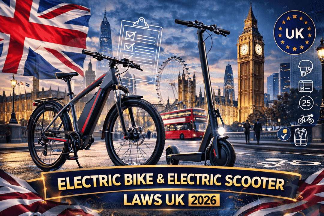 UK electric bike and scooter laws 2026 with electric bike and scooter in front of London landmarks.