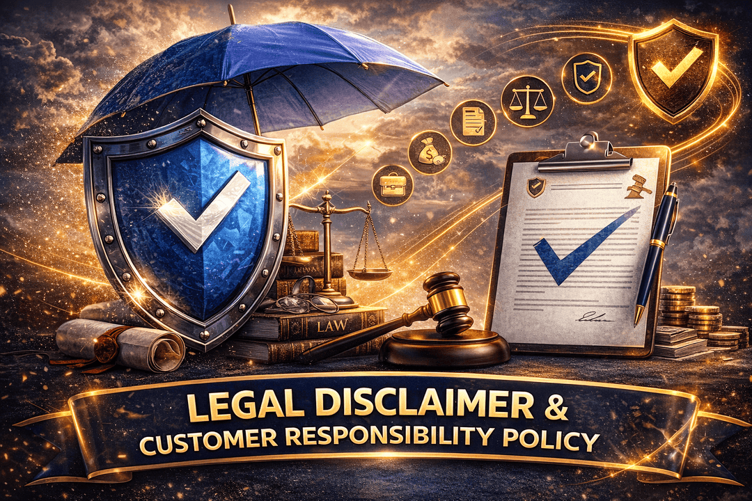 Legal disclaimer for product use depicted with shield, gavel, scales, and policy document.