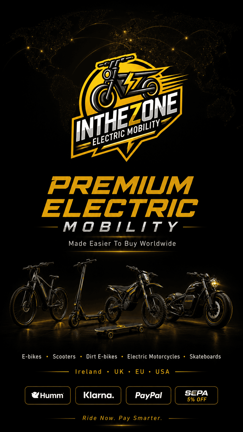 Premium electric mobility solutions showcased with various electric vehicles including scooters and bikes.