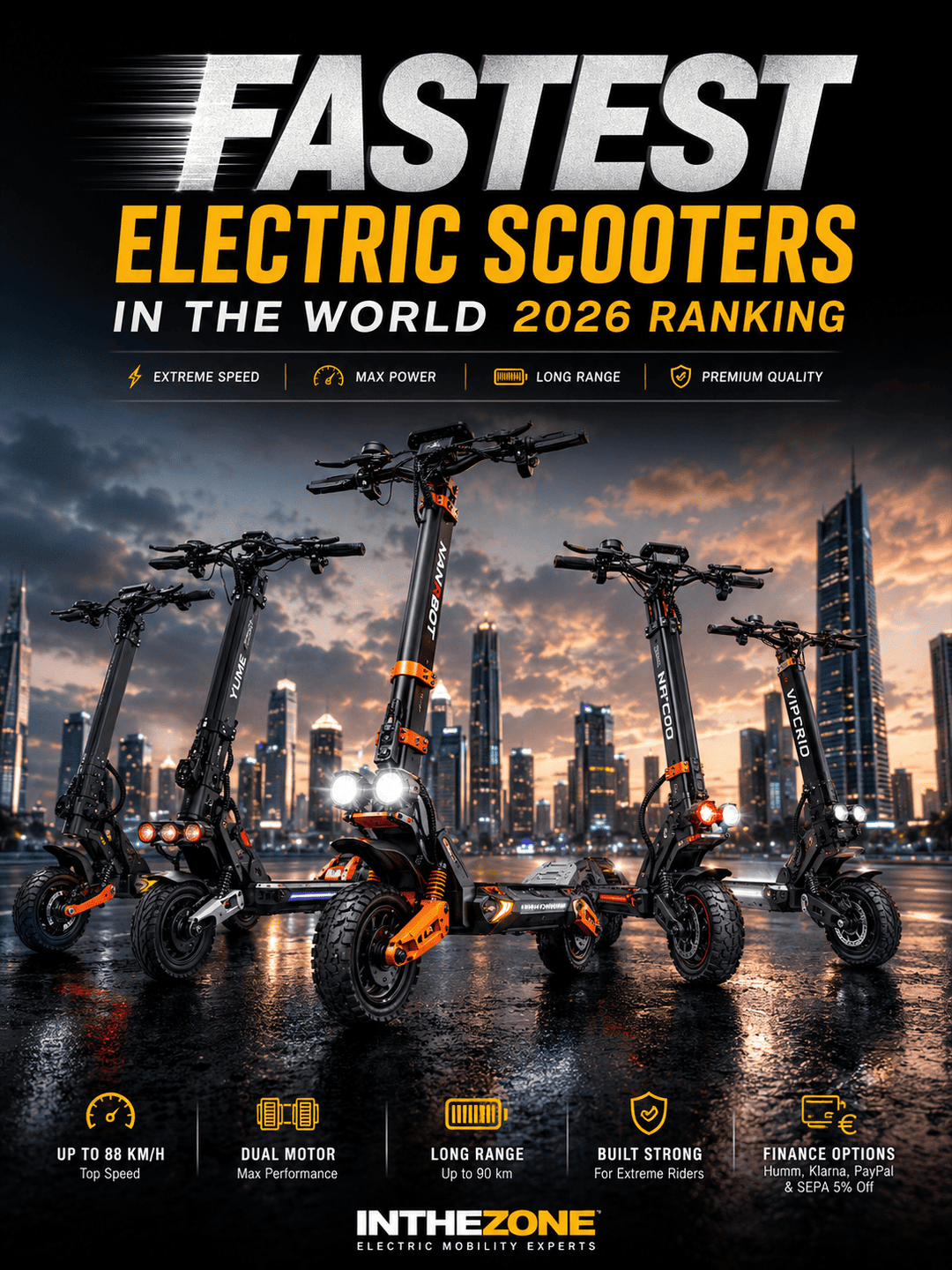 Fastest electric scooters 2026 ranking with extreme speed, max power, long range, and premium quality.