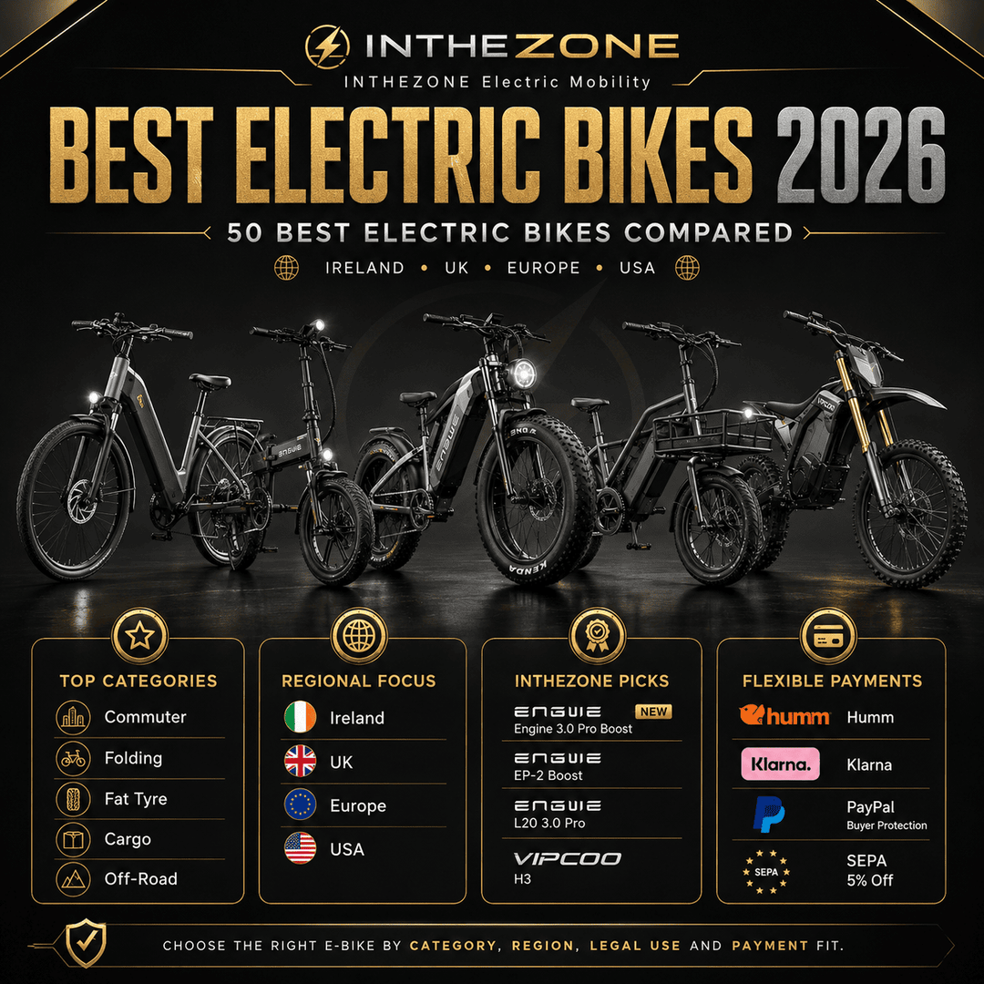 Image showcasing the Best Electric Bikes 2026 with top models compared for Ireland, UK, Europe, and USA.