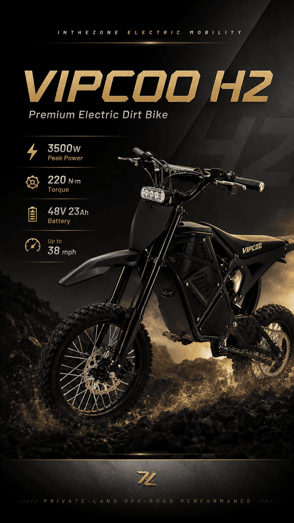 Electric dirt bike 3500W, VIPCOO H2 showcasing peak power and robust features for off-road performance.