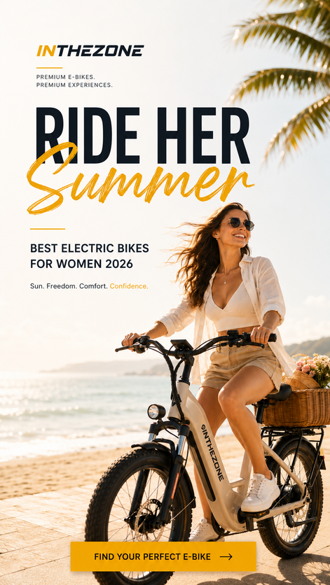 Woman riding an electric bike at the beach, promoting best electric bikes for women 2026 and summer freedom.