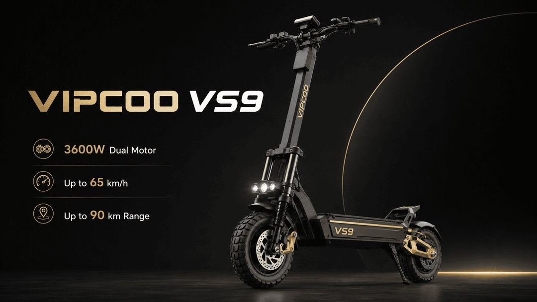 VIPCOO VS9 electric scooter showcased with dual motor, powerful 3600W performance, and sleek design.