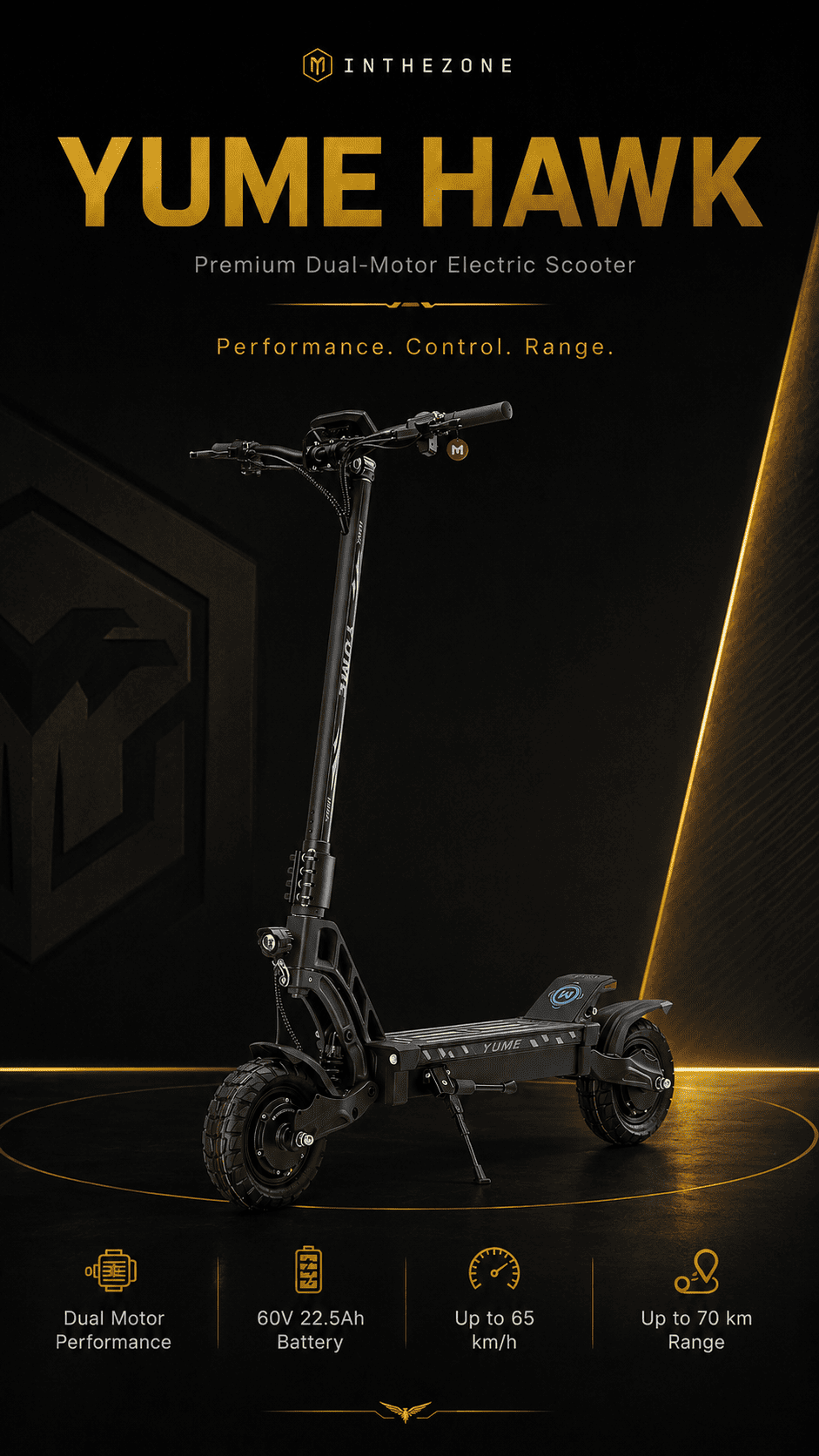 YUME Hawk Electric Scooter review 2026 - Premium dual-motor performance, 60V 22.5Ah battery, up to 65 km/h speed.