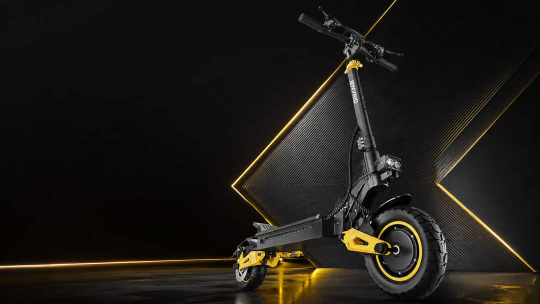 2400W dual motor electric scooter iENYRID ES1 showcased against a modern geometric backdrop.
