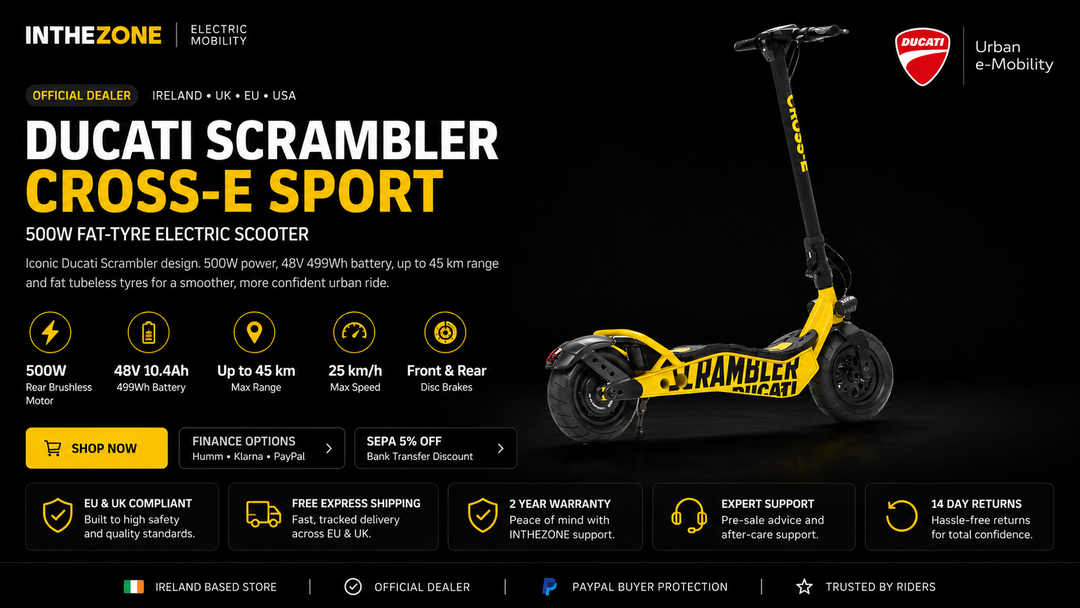 Ducati Scrambler CROSS-E Sport buyer guide Ireland featuring 500W fat-tyre electric scooter.