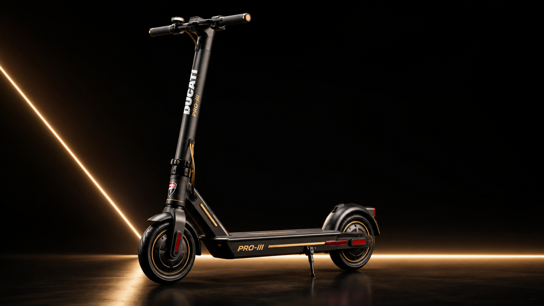 Ducati PRO-III electric scooter buyer guide Ireland with sleek design in a dark setting.