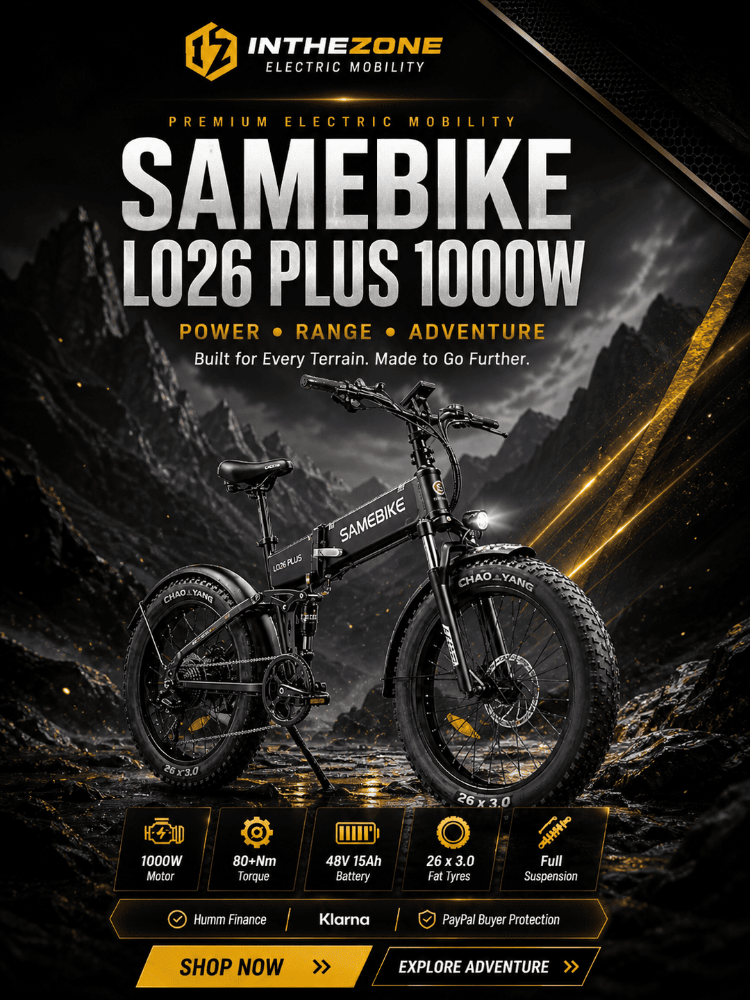 SAMEBIKE LO26 PLUS electric bike guide with features including 1000W motor and all-terrain capabilities.