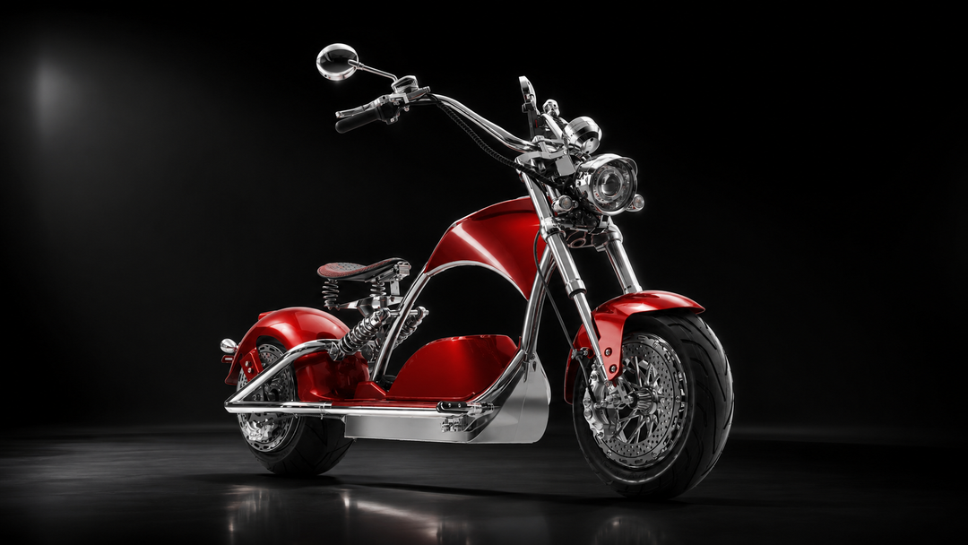 EAHORA 4000W electric chopper motorcycle in vibrant red with sleek chrome accents on a dark background.