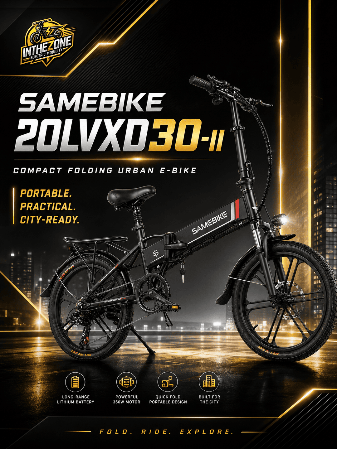 SAMEBIKE 20LVXD30-II Folding Electric Bike Guide showcasing a compact urban e-bike with portability features.