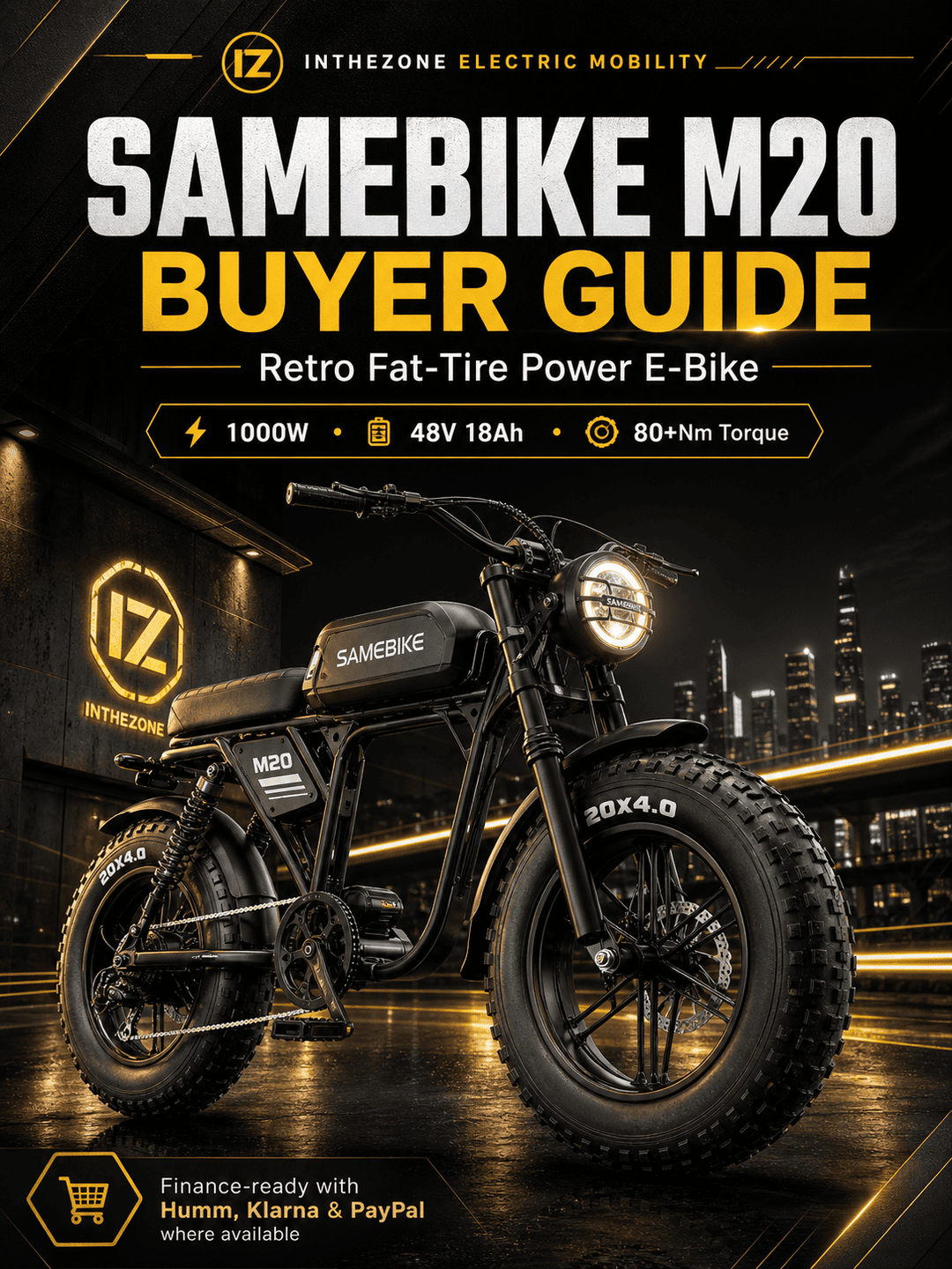 SAMEBIKE M20 electric bike review with features highlighted in buyer guide on a stylish backdrop.