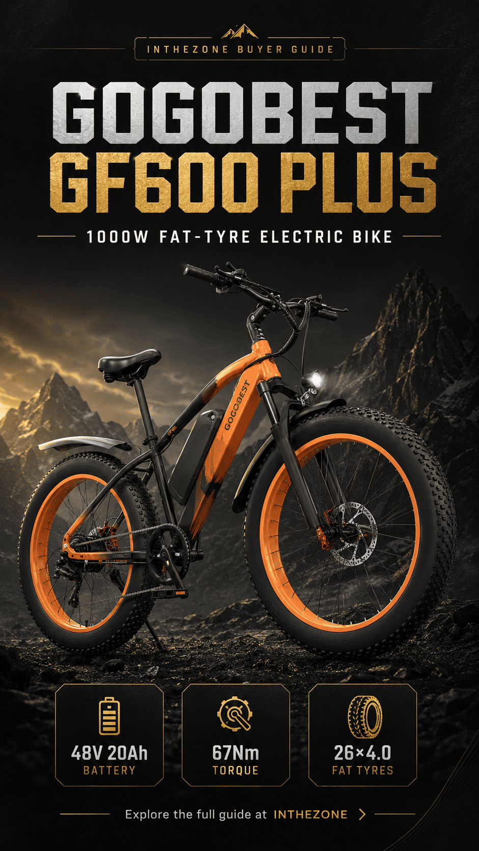 GOGOBEST GF600 PLUS electric bike with 1000W fat tyres, 48V 20Ah battery, and 67Nm torque in a mountain backdrop.