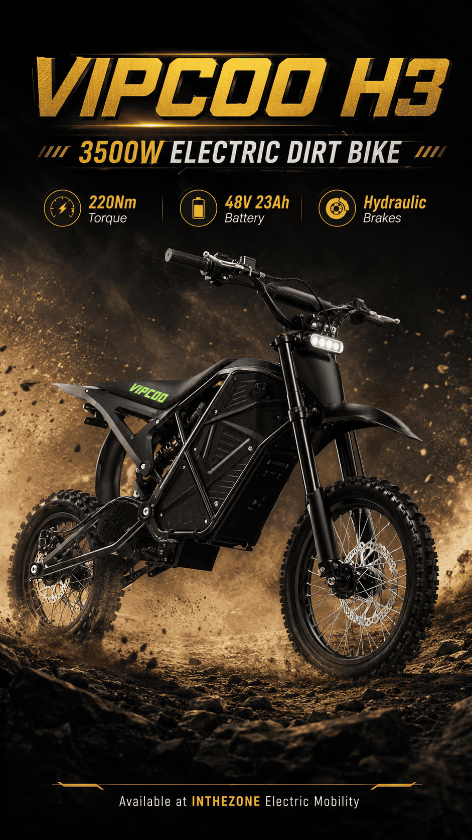 VIPCOO H3 electric dirt bike review - showcasing 3500W power, 220Nm torque, and hydraulic brakes on a rugged terrain.