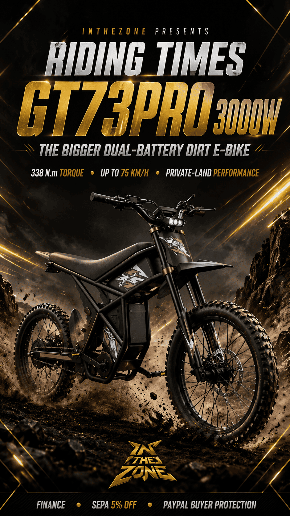 Riding Times GT73PRO 3000W showcasing the bigger dual-battery dirt e-bike with high torque and performance features.