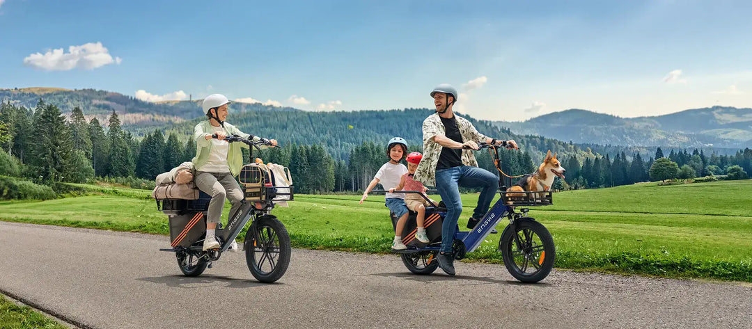ENGWE LE20 cargo e-bike review featuring a family riding e-bikes with cargo baskets in a scenic countryside.