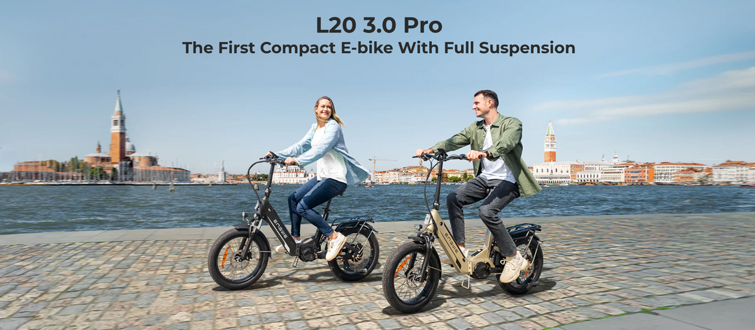 ENGWE L20 3.0 Pro Electric Bike in a scenic outdoor setting with riders enjoying the journey.