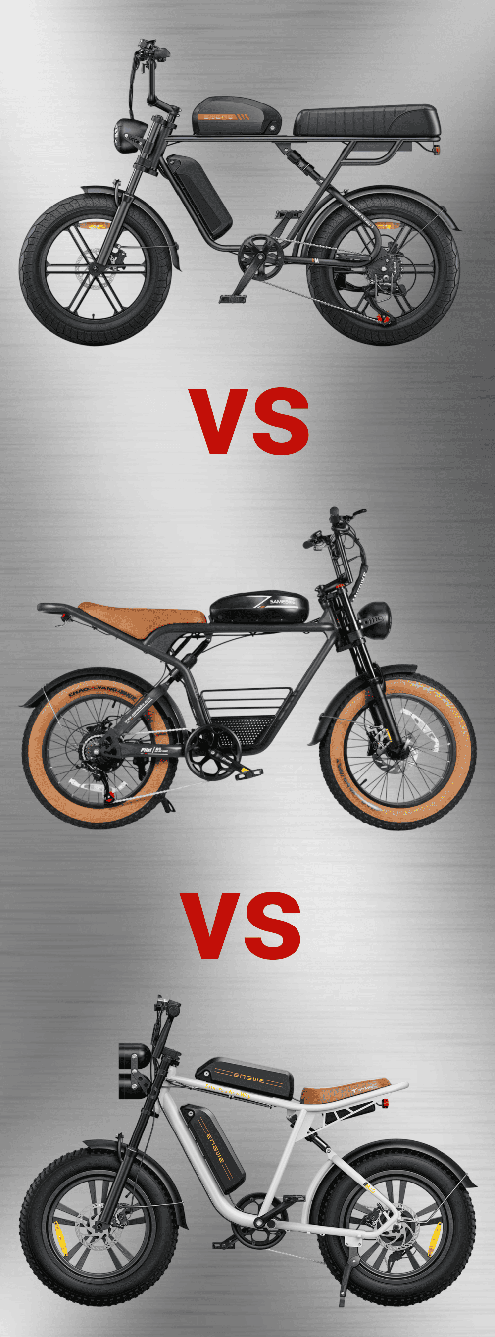 SAMEBIKE M20 vs ENGWE M1 vs ENGWE M20 Three machines. One lifestyle category: motorcycle-inspired e-bikes built for attention, comfort, and everyday power.
